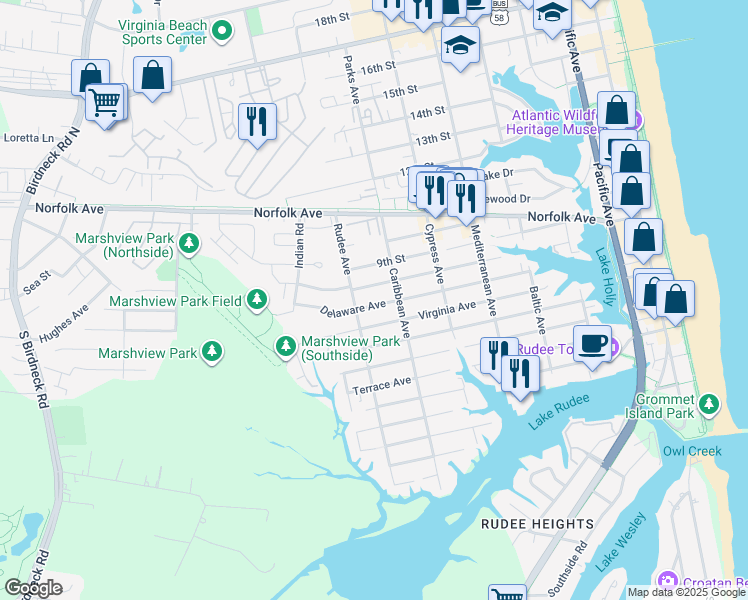 map of restaurants, bars, coffee shops, grocery stores, and more near 811 Maryland Avenue in Virginia Beach