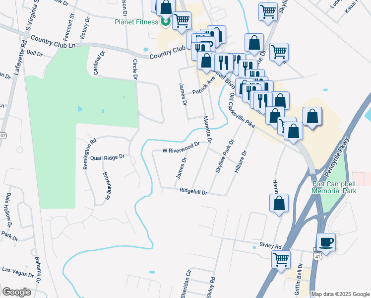 map of restaurants, bars, coffee shops, grocery stores, and more near 407 West Riverwood Drive in Hopkinsville