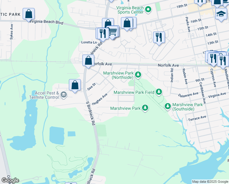 map of restaurants, bars, coffee shops, grocery stores, and more near 1408 Brant Road in Virginia Beach