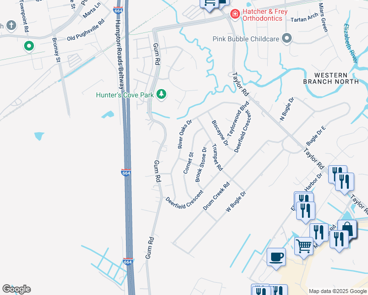map of restaurants, bars, coffee shops, grocery stores, and more near 2635 River Oaks Drive in Chesapeake