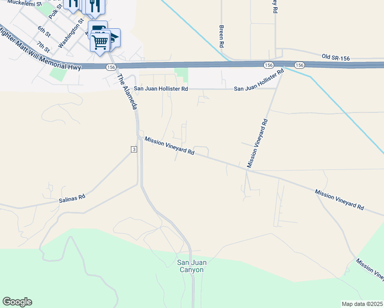 map of restaurants, bars, coffee shops, grocery stores, and more near 333 Mission Vineyard Road in San Juan Bautista