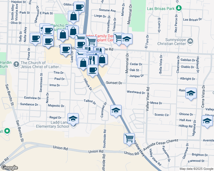 map of restaurants, bars, coffee shops, grocery stores, and more near 849 Sunset Drive in Hollister