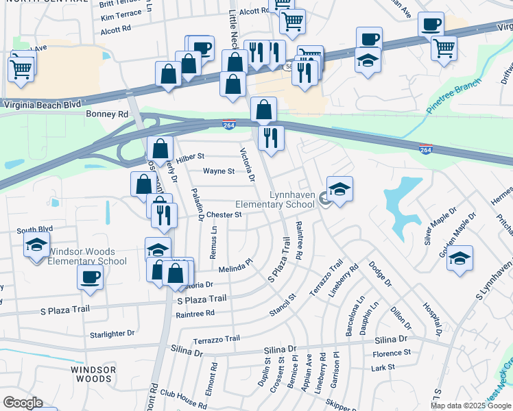 map of restaurants, bars, coffee shops, grocery stores, and more near 3501 Continental Street in Virginia Beach