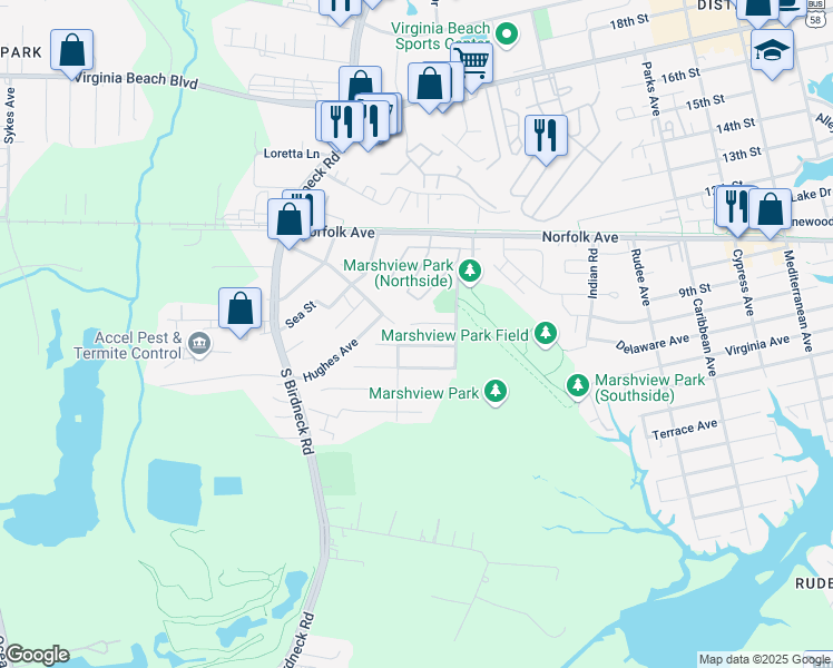 map of restaurants, bars, coffee shops, grocery stores, and more near 1316 Blue Pete Road in Virginia Beach