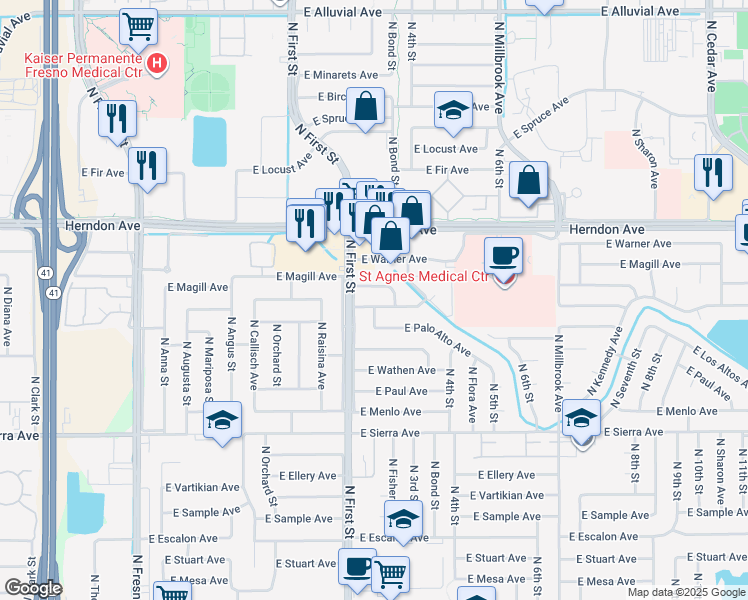map of restaurants, bars, coffee shops, grocery stores, and more near 1076 East Magill Avenue in Fresno
