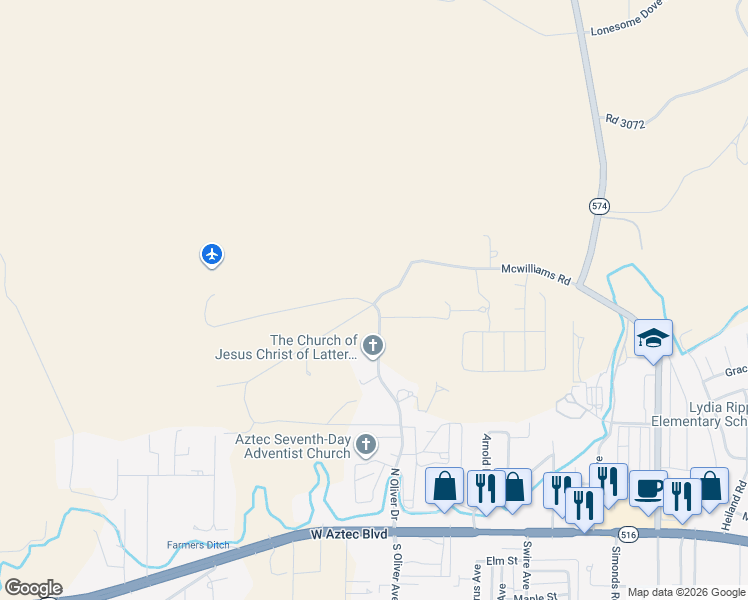 map of restaurants, bars, coffee shops, grocery stores, and more near 701 Airport Drive in Aztec