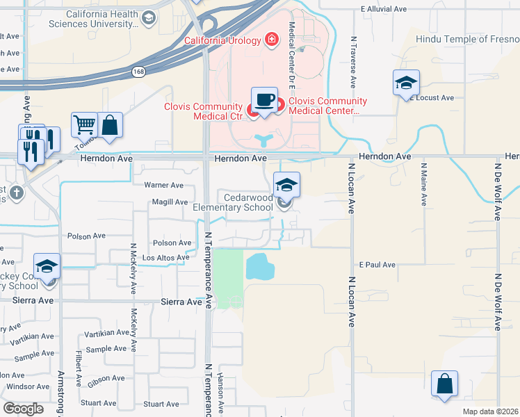 map of restaurants, bars, coffee shops, grocery stores, and more near 2732 Fremont Avenue in Clovis