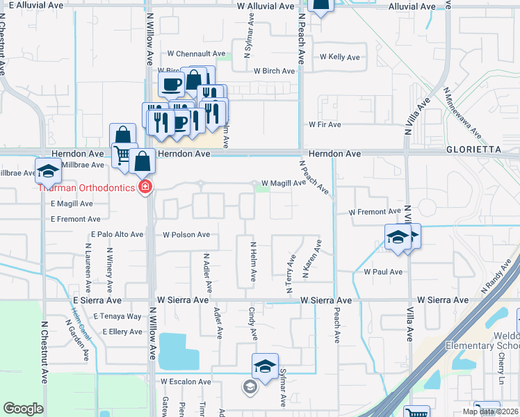 map of restaurants, bars, coffee shops, grocery stores, and more near 278 North Cindy Avenue in Clovis