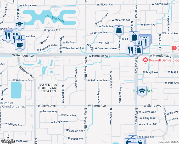 map of restaurants, bars, coffee shops, grocery stores, and more near 6712 North Van Ness Boulevard in Fresno