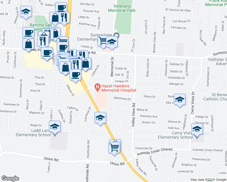 map of restaurants, bars, coffee shops, grocery stores, and more near 1711 Memorial Drive in Hollister