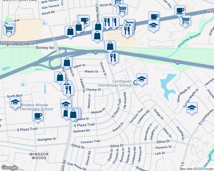 map of restaurants, bars, coffee shops, grocery stores, and more near 3509 Barry Street in Virginia Beach