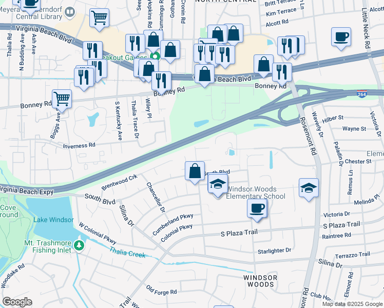 map of restaurants, bars, coffee shops, grocery stores, and more near 3728 Palace Place in Virginia Beach