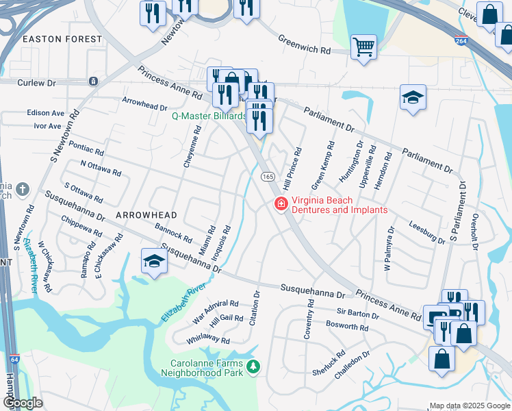 map of restaurants, bars, coffee shops, grocery stores, and more near 5537 Hatteras Road in Virginia Beach