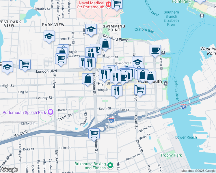 map of restaurants, bars, coffee shops, grocery stores, and more near 632 High Street in Portsmouth