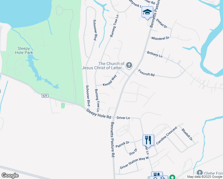 map of restaurants, bars, coffee shops, grocery stores, and more near 4404 Fincastle Court in Suffolk