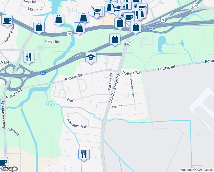 map of restaurants, bars, coffee shops, grocery stores, and more near 224 Fair Lady Road in Virginia Beach