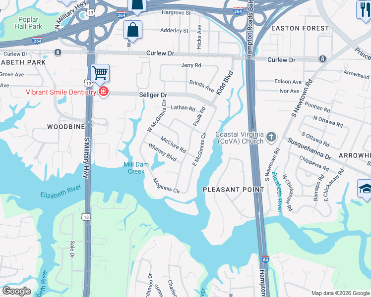 map of restaurants, bars, coffee shops, grocery stores, and more near 246 Faulk Road in Norfolk