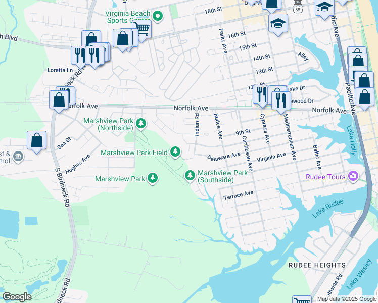 map of restaurants, bars, coffee shops, grocery stores, and more near 401 Duck Hunter Court in Virginia Beach