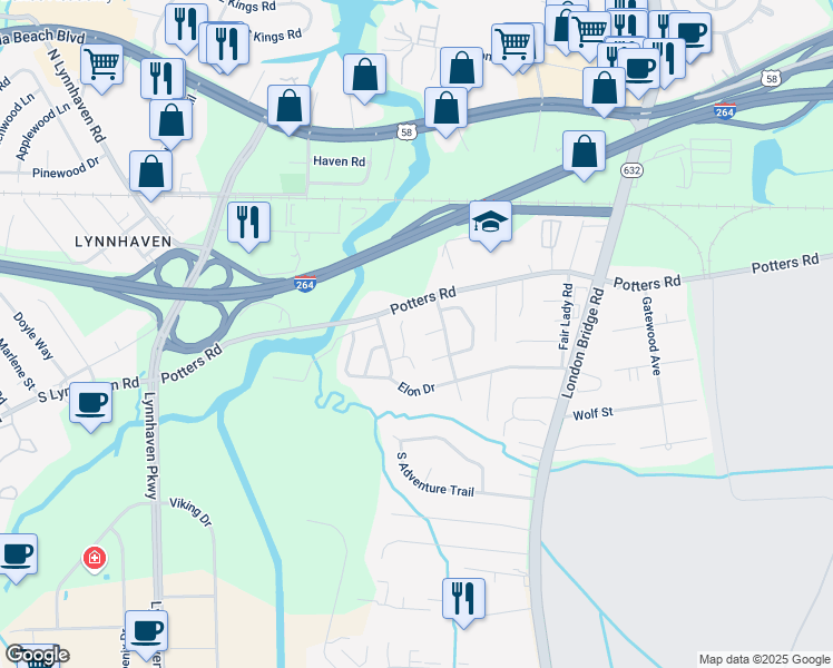 map of restaurants, bars, coffee shops, grocery stores, and more near 2496 Cheltenham Court in Virginia Beach