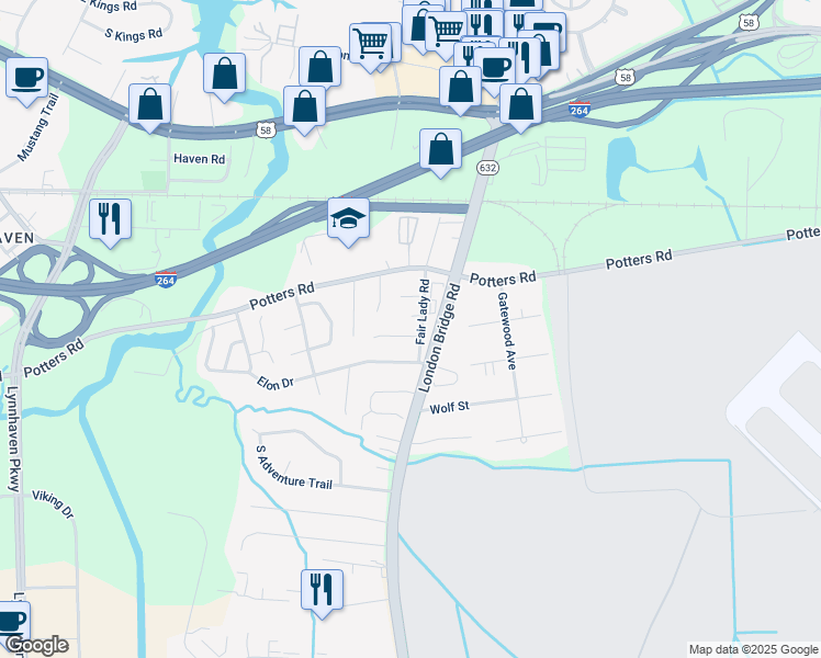map of restaurants, bars, coffee shops, grocery stores, and more near 2404 Casey Court in Virginia Beach