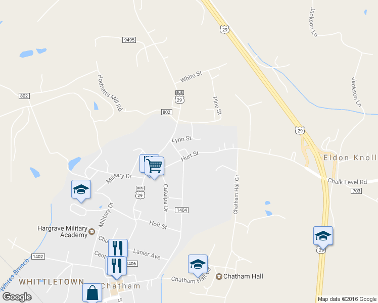 map of restaurants, bars, coffee shops, grocery stores, and more near 210 Hurt Street in Chatham