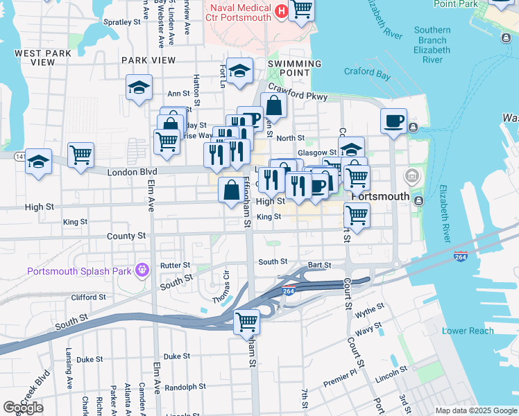 map of restaurants, bars, coffee shops, grocery stores, and more near 714 King Street in Portsmouth