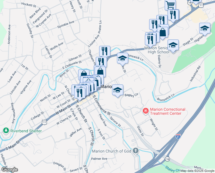 map of restaurants, bars, coffee shops, grocery stores, and more near in Marion