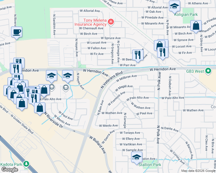 map of restaurants, bars, coffee shops, grocery stores, and more near 5854 West Millbrae Avenue in Fresno