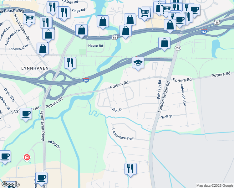 map of restaurants, bars, coffee shops, grocery stores, and more near 2496 Cheltenham Court in Virginia Beach