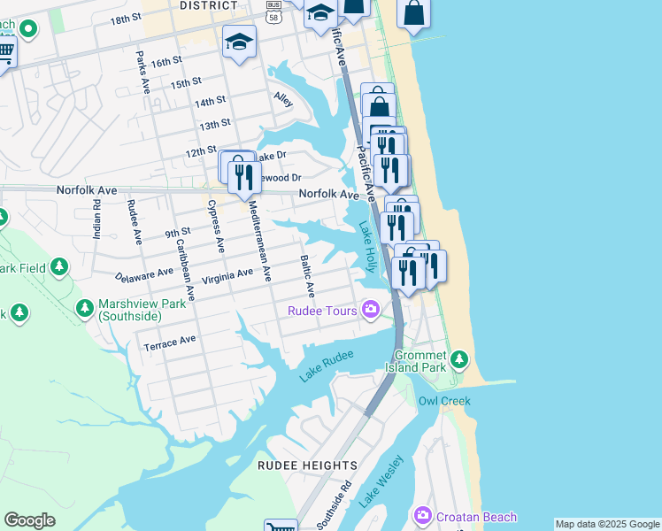 map of restaurants, bars, coffee shops, grocery stores, and more near 413 Carolina Avenue in Virginia Beach