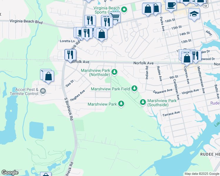 map of restaurants, bars, coffee shops, grocery stores, and more near 1301 Blue Pete Road in Virginia Beach