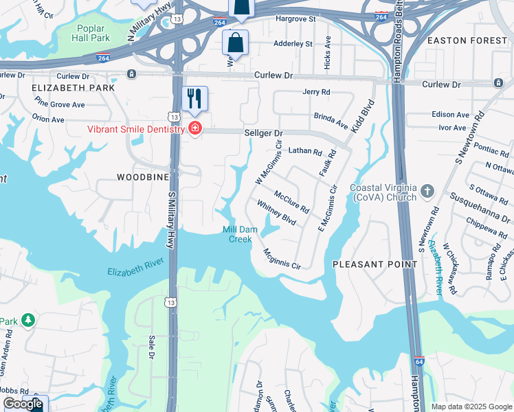 map of restaurants, bars, coffee shops, grocery stores, and more near 5907 Whitney Boulevard in Norfolk