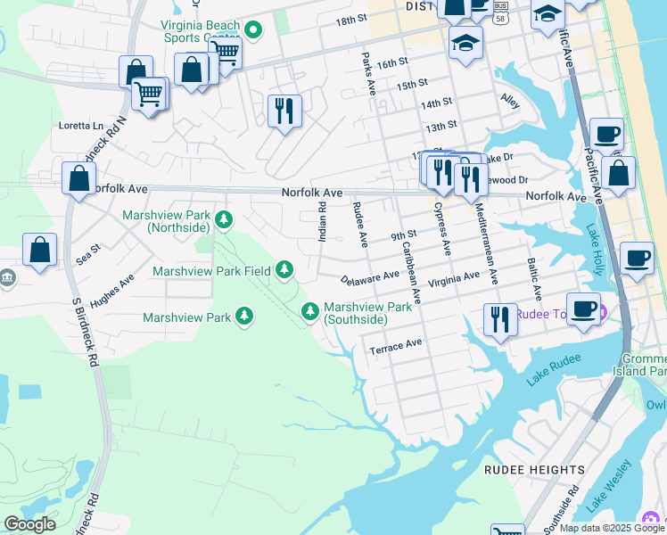 map of restaurants, bars, coffee shops, grocery stores, and more near 1000 Angler Lane in Virginia Beach