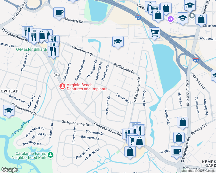 map of restaurants, bars, coffee shops, grocery stores, and more near 190 Coventry Road in Virginia Beach