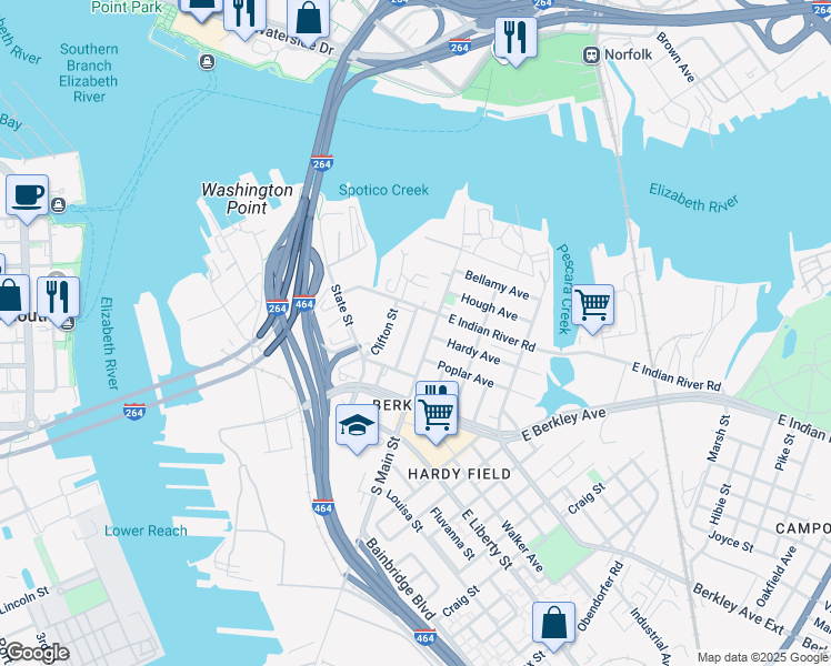 map of restaurants, bars, coffee shops, grocery stores, and more near 420 Pendleton Street in Norfolk