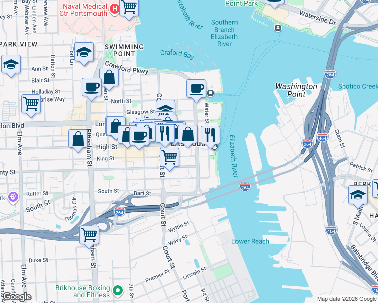 map of restaurants, bars, coffee shops, grocery stores, and more near in Portsmouth