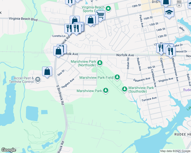 map of restaurants, bars, coffee shops, grocery stores, and more near 1301 Blue Pete Road in Virginia Beach