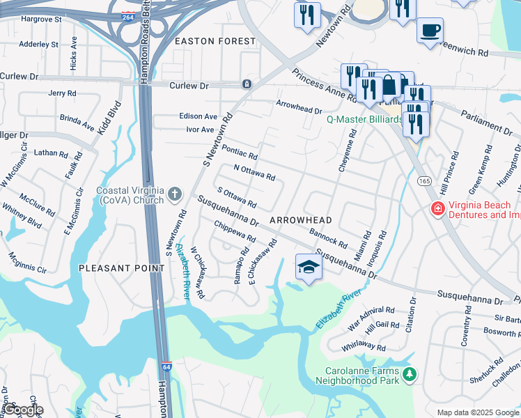 map of restaurants, bars, coffee shops, grocery stores, and more near 5752 South Ottawa Road in Virginia Beach