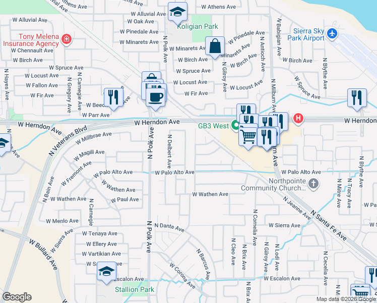 map of restaurants, bars, coffee shops, grocery stores, and more near 6670 North Western Avenue in Fresno