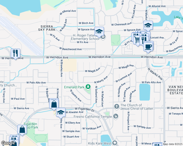 map of restaurants, bars, coffee shops, grocery stores, and more near 6714 North Dewey Avenue in Fresno