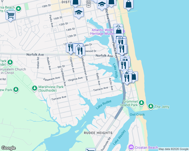 map of restaurants, bars, coffee shops, grocery stores, and more near 405 Virginia Avenue in Virginia Beach