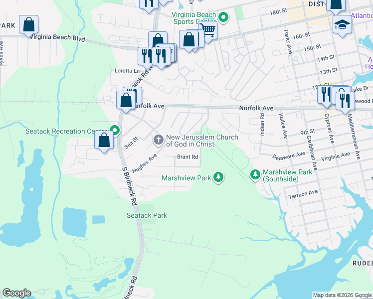 map of restaurants, bars, coffee shops, grocery stores, and more near 1320 Blue Pete Road in Virginia Beach