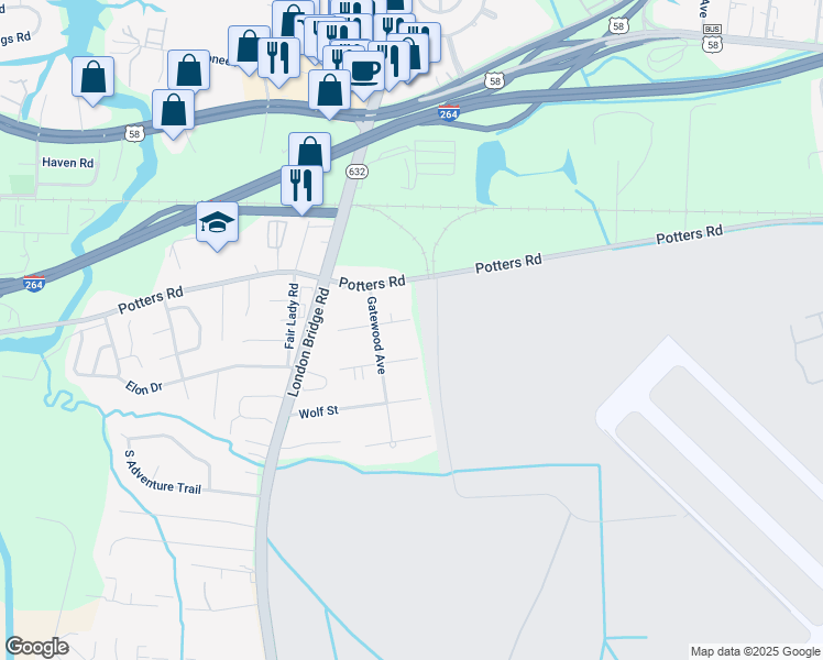 map of restaurants, bars, coffee shops, grocery stores, and more near 2217 Reuben Street in Virginia Beach