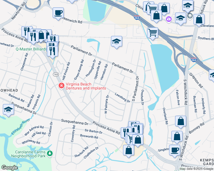 map of restaurants, bars, coffee shops, grocery stores, and more near 190 Coventry Road in Virginia Beach