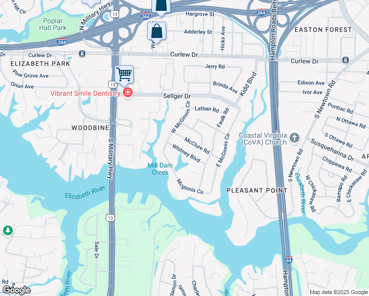 map of restaurants, bars, coffee shops, grocery stores, and more near 5911 McClure Road in Norfolk