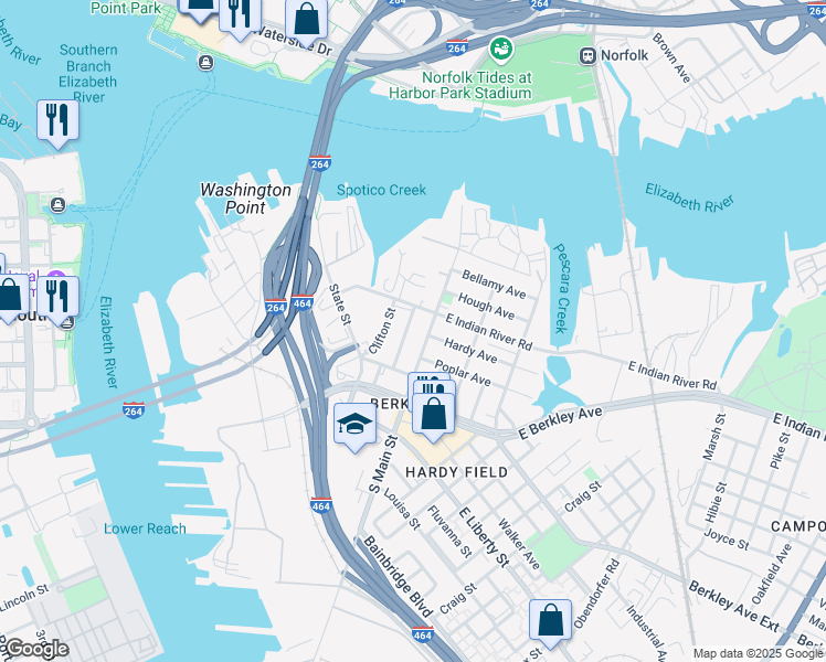 map of restaurants, bars, coffee shops, grocery stores, and more near 107 West Indian River Road in Norfolk