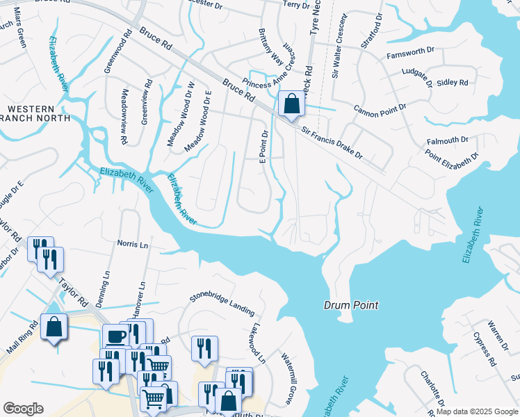 map of restaurants, bars, coffee shops, grocery stores, and more near 2889 East Point Drive in Chesapeake