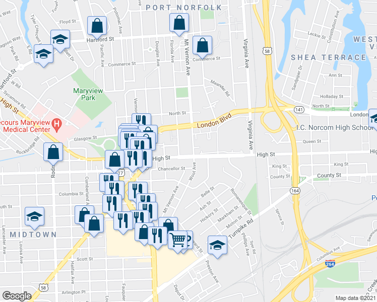 map of restaurants, bars, coffee shops, grocery stores, and more near 1208 Mount Vernon Avenue in Portsmouth