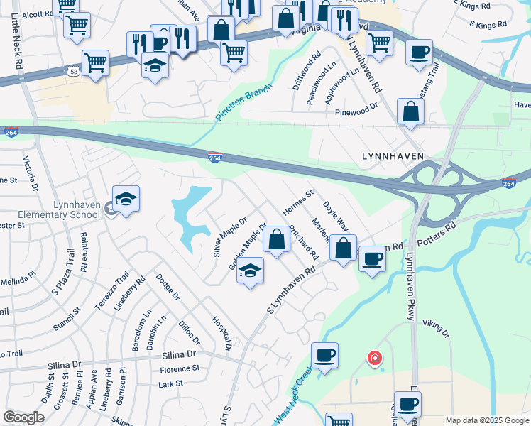 map of restaurants, bars, coffee shops, grocery stores, and more near 204 Golden Maple Drive in Virginia Beach