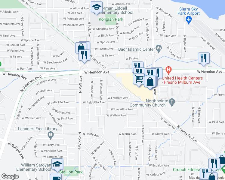map of restaurants, bars, coffee shops, grocery stores, and more near 5230 West Magill Avenue in Fresno